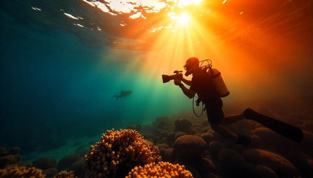 Diver filming during sea-based film and photo ventures in Cairns.